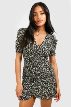 Florales Gerafftes Chiffon-Minikleid