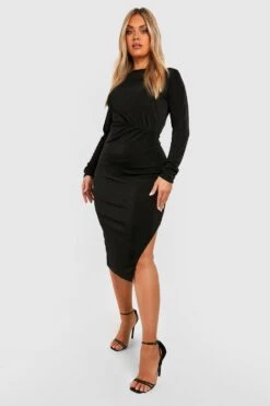 Plus Gerafftes Midikleid Mit Schlitz