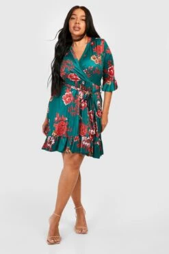 Plus Florales Wickel-Skaterkleid Mit Gürtel -Stil Formen Verkäufe gzz51642 green xl 2