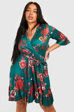 Plus Florales Wickel-Skaterkleid Mit Gürtel -Stil Formen Verkäufe gzz51642 green xl 3