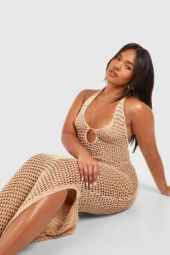 Plus Gehäkeltes Neckholder-Midikleid -Stil Formen Verkäufe gzz52275 camel xl 2