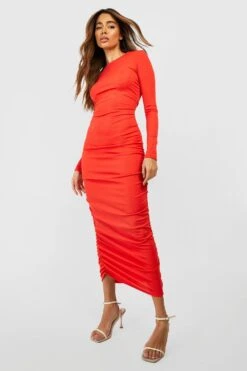 Langärmliges Geripptes Gerafftes Midikleid -Stil Formen Verkäufe gzz52579 orange xl 2