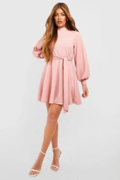 Hochgeschlossenes Skaterkleid Mit Ballonärmeln Und Gürtel -Stil Formen Verkäufe gzz52585 rose xl 2