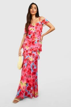 Florals Gestuftes Rüschen-Maxikleid -Stil Formen Verkäufe gzz52593 pink xl 2