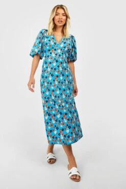 Florales Midikleid Mit Puffärmeln
