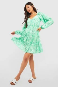 Langärmliges Florales Minikleid -Stil Formen Verkäufe gzz53057 green xl 2