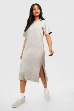 T-Shirt-Midikleid Aus Baumwolle Mit Polo-Kragen -Stil Formen Verkäufe gzz53225 stone xl 2