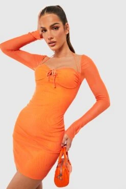Langärmliges Bodycon Mesh-Minikleid