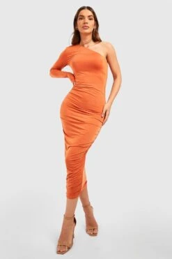 Einärmliges Midikleid Mit Gerafftem Rock