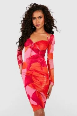 Mesh-Midikleid Mit Abstraktem Blumenprint