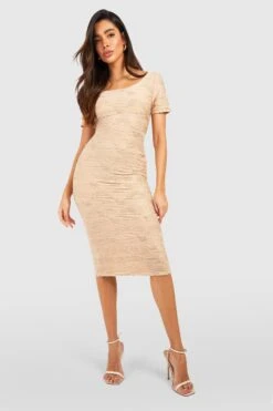 Strukturiertes Geripptes Midikleid Mit Kurzen Ärmeln