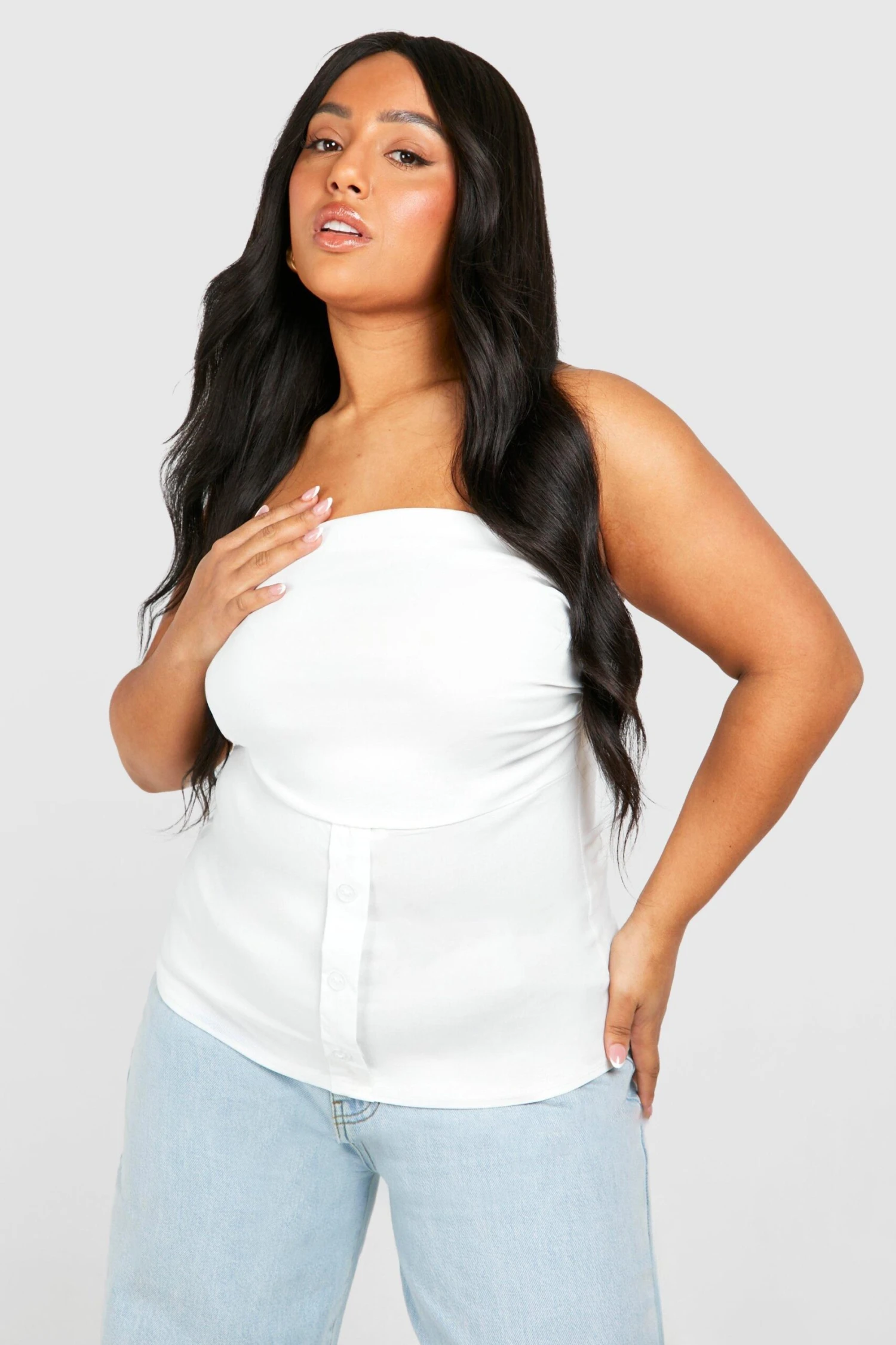 Plus Gerafftes Bandeau-Oberteil Mit Knopf-Detail 6 Plus Gerafftes Bandeau-Oberteil Mit Knopf-Detail – Bild 4