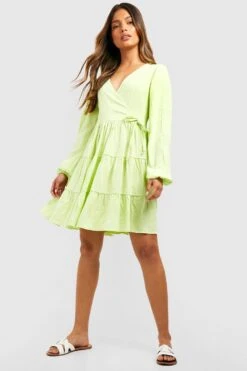 Gestuftes Wickel-Smokkleid Aus Leinen -Stil Formen Verkäufe gzz53446 lime xl 2