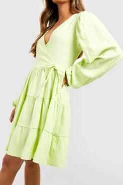 Gestuftes Wickel-Smokkleid Aus Leinen -Stil Formen Verkäufe gzz53446 lime xl 3