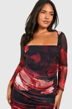 Plus Florales Mesh Bodycon-Kleid Mit Abstraktem Blumenprint -Stil Formen Verkäufe gzz53608 red xl 3