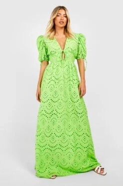 Lochmuster-Maxikleid Mit Puffärmeln Und Schnür-Detail -Stil Formen Verkäufe gzz53666 lime xl 2