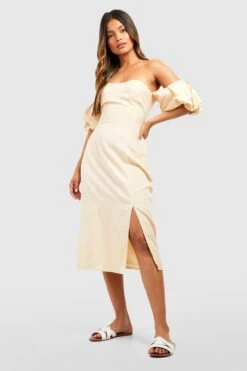 Geschnürtes Leinen-Etuikleid Mit Puffärmeln