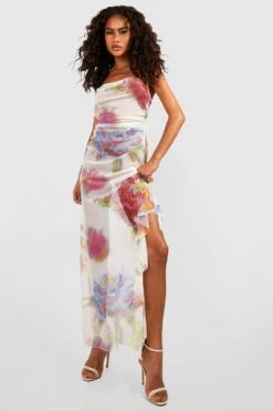Florales Mesh-Maxikleid Mit Rüschen-Detail