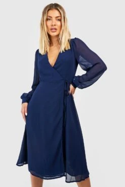 Langärmliges Wickel-Midikleid Aus Chiffon -Stil Formen Verkäufe gzz54077 navy xl 2