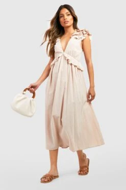 Leinen-Midikleid Mit Rüschen-Schultern