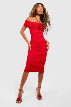 Gerafftes Midikleid Mit Mesh Rosen-Detail -Stil Formen Verkäufe gzz54848 red xl 2