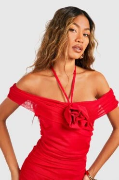 Gerafftes Midikleid Mit Mesh Rosen-Detail -Stil Formen Verkäufe gzz54848 red xl 3