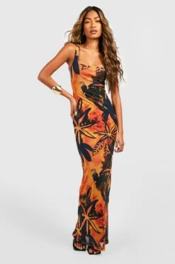 Mesh-Maxikleid Mit Tropischem Print