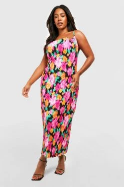Plus Plissee-Maxikleid Mit Abstraktem Print -Stil Formen Verkäufe gzz55906 pink xl 2