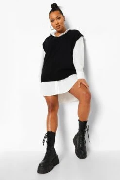 Plus 2-in-1 Oversize Pullover Hemd-Kleid -Stil Formen Verkäufe pzz01247 black xl 2