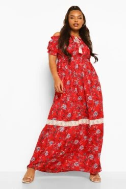 Plus Schulterfreies Boho-Maxikleid