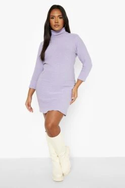 Plus Recyceltes Strick-Miniklleid Mit Rollkragen -Stil Formen Verkäufe pzz05591 lilac xl 2