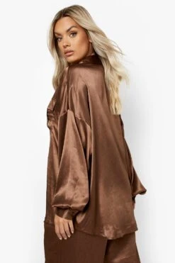 Plus Lockeres Strukturiertes Satin-Hemd -Stil Formen Verkäufe pzz09811 chocolate xl 1