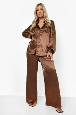 Plus Lockeres Strukturiertes Satin-Hemd -Stil Formen Verkäufe pzz09811 chocolate xl 2