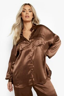 Plus Lockeres Strukturiertes Satin-Hemd -Stil Formen Verkäufe pzz09811 chocolate xl 3