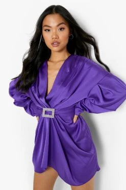 Petite Drapiertes Satin-Kleid Mit Strass-Schnalle -Stil Formen Verkäufe pzz10592 purple xl 2