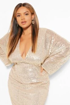 Plus Plailletten-Midikleid Mit Fledermaus-Ärmeln -Stil Formen Verkäufe pzz61631 gold xl 3