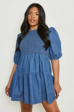 Plus Gerafftes Chambray Smok-Kleid