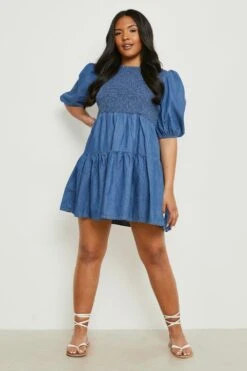 Plus Gerafftes Chambray Smok-Kleid -Stil Formen Verkäufe pzz61672 blue xl 2