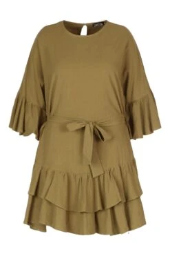 Plus Rüschen-Smokkleid Aus Baumwolle Mit Geschnürter Taille -Stil Formen Verkäufe pzz62364 khaki xl 2