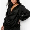 Plus Langärmlige Satin-Bluse Mit Wasserfallausschnitt 1 Plus Langärmlige Satin-Bluse Mit Wasserfallausschnitt -Stil Formen Verkäufe pzz62427 black xl
