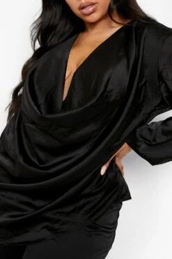 Plus Langärmlige Satin-Bluse Mit Wasserfallausschnitt -Stil Formen Verkäufe pzz62427 black xl 3