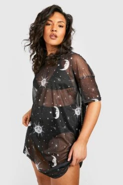Plus Mesh T-Shirt-Kleid Mit Sonne & Mond Print -Stil Formen Verkäufe pzz64910 black xl 2