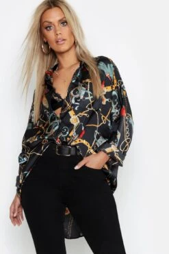 Plus Oversize Hemd Aus Satin Mit Print -Stil Formen Verkäufe pzz74150 black xl 3