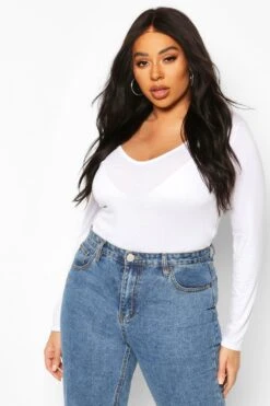 Plus Langärmliger Basic Body Mit V-Ausschnitt