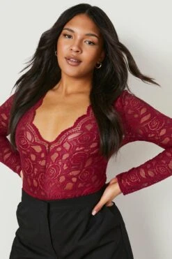 Plus Spitzen-Body Mit Tiefem V-Ausschnitt 9 Plus Spitzen-Body Mit Tiefem V-Ausschnitt -Stil Formen Verkäufe pzz91340 wine xl 3