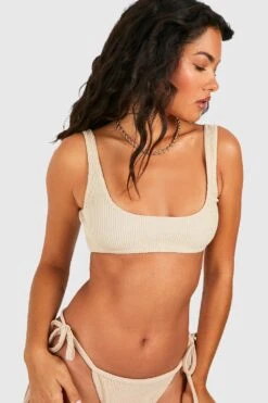 Rundhals Bikini-Crop Top In Knitteroptik
