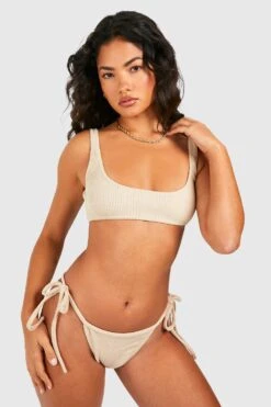 Rundhals Bikini-Crop Top In Knitteroptik -Stil Formen Verkäufe szz84832 stone xl 2